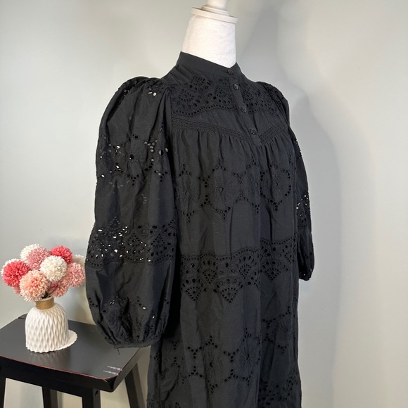 Universal Thread Black Eyelet Puff Sleeve Button Front Dress Size S - Picture 5 of 11